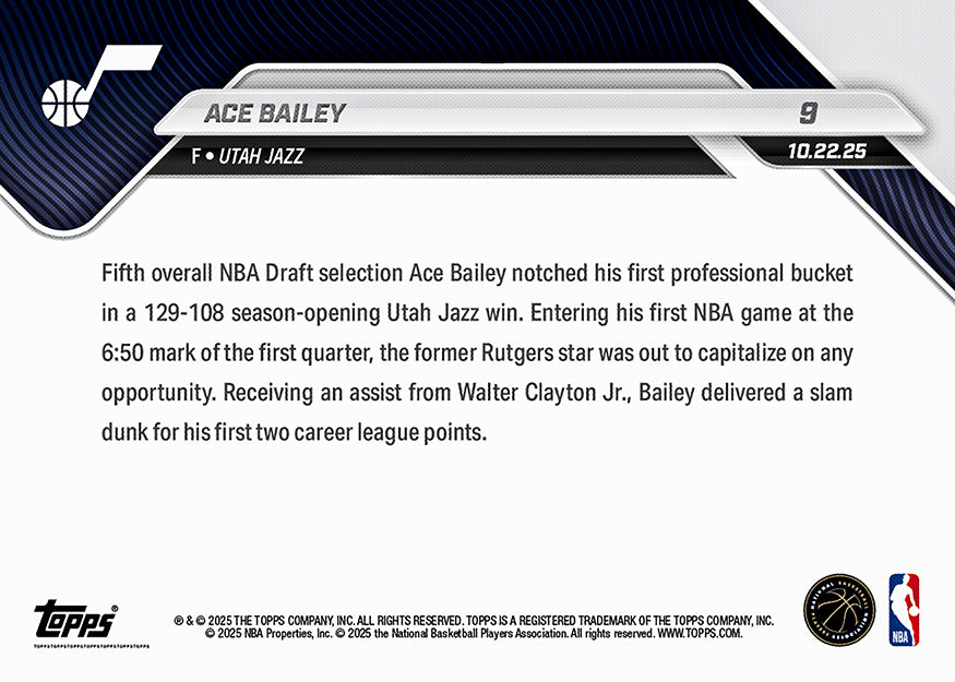 Ace Bailey - 2025-26 NBA Topps NOW® - Card 9