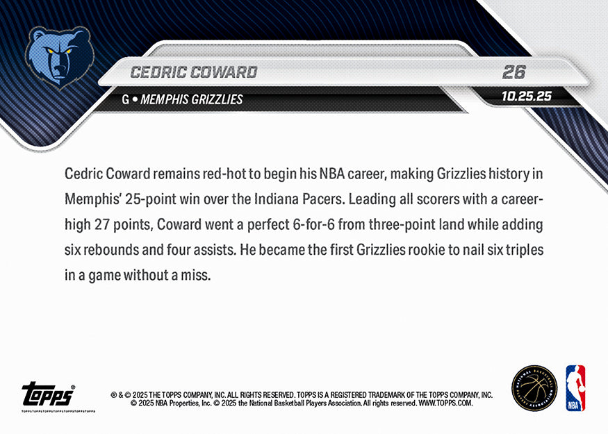 Cedric Coward - 2025-26 NBA Topps NOW® - Card 26