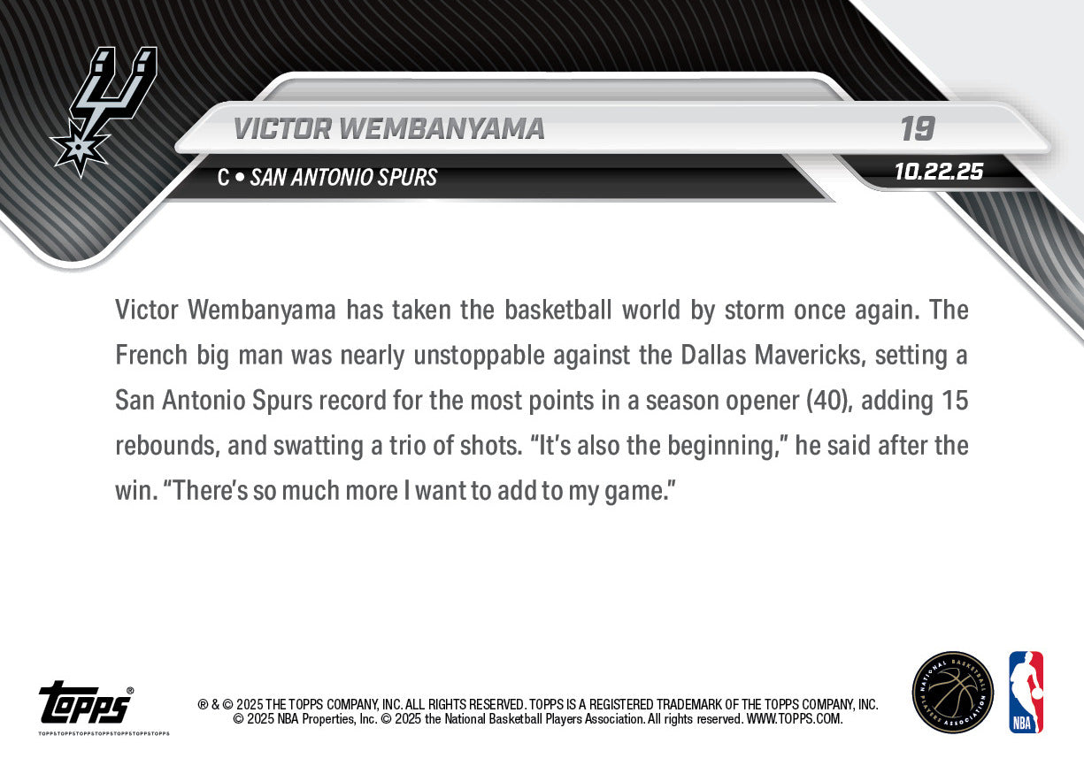 Victor Wembanyama - 2025-26 NBA Topps NOW® - Card 19