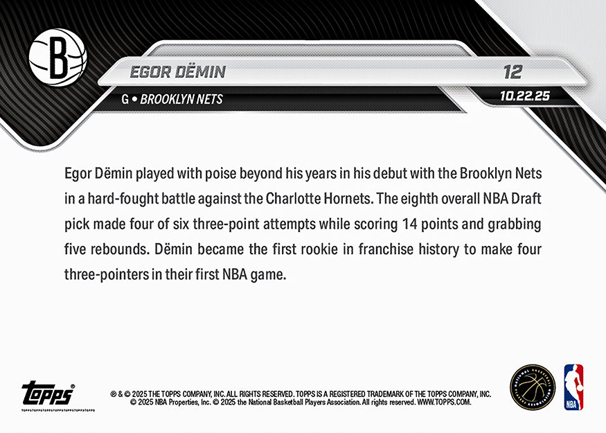 Egor Dëmin - 2025-26 NBA Topps NOW® - Card 12