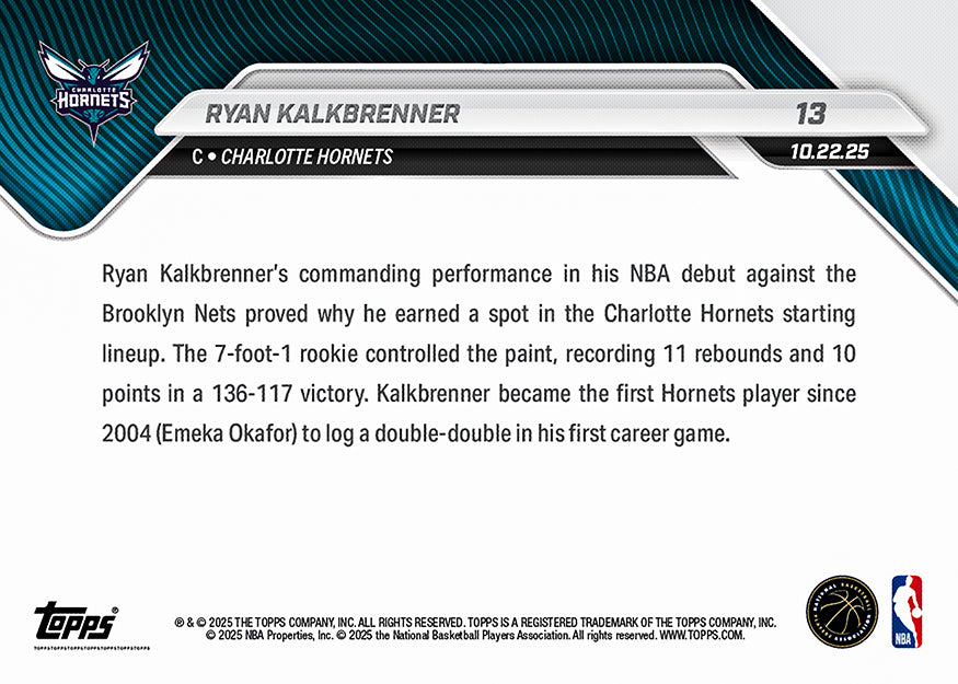 Ryan Kalkbrenner - 2025-26 NBA Topps NOW® - Card 13