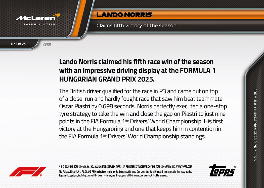 Lando Norris - 2025 Formula 1® Topps NOW® - Card 55