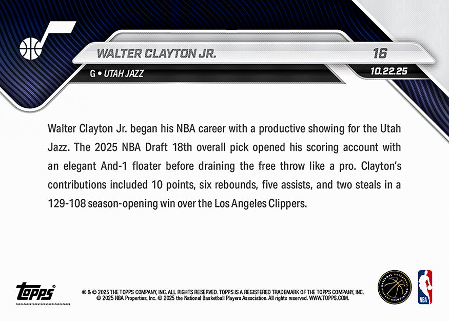 Walter Clayton Jr. - 2025-26 NBA Topps NOW® - Card 16
