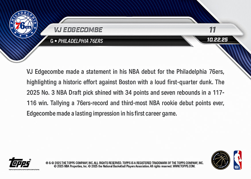 VJ Edgecombe - 2025-26 NBA Topps NOW® - Card 11