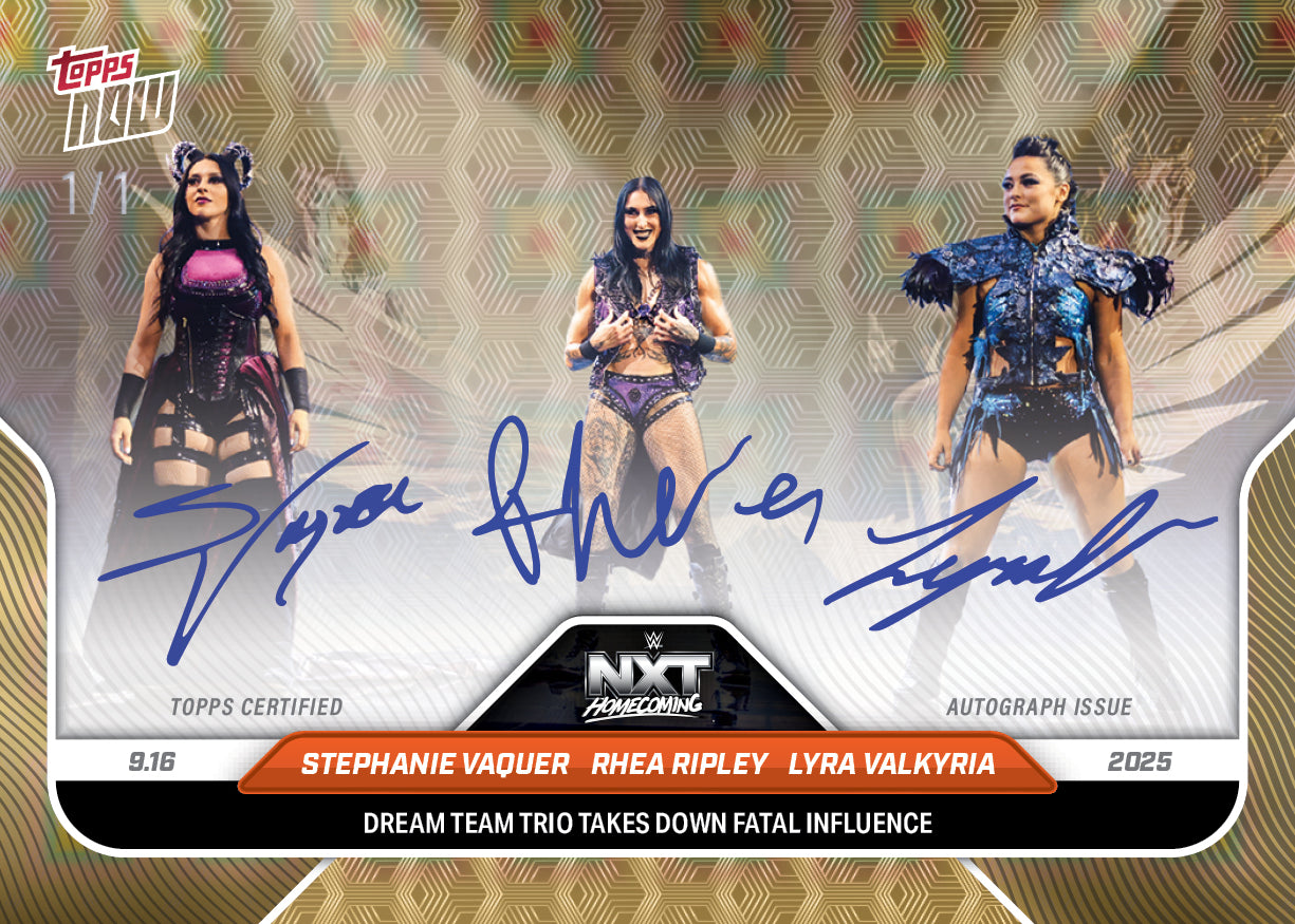 Rhea Ripley/Lyra Valkyria/Stephanie Vaquer - 2025 WWE Topps NOW® - Card 95 - LOOK FOR TRIPLE AUTO