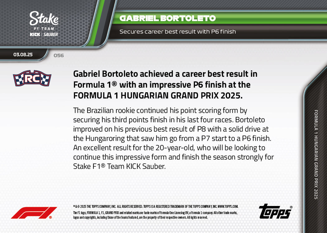 Gabriel Bortoleto - 2025 Formula 1® Topps NOW® - Card 56