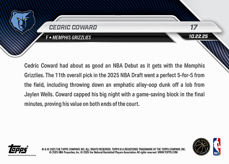 Cedric Coward - 2025-26 NBA Topps NOW® - Card 17
